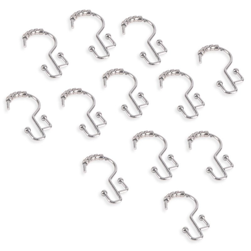 Chrome Double Roller Shower Curtain Hooks Set of 12