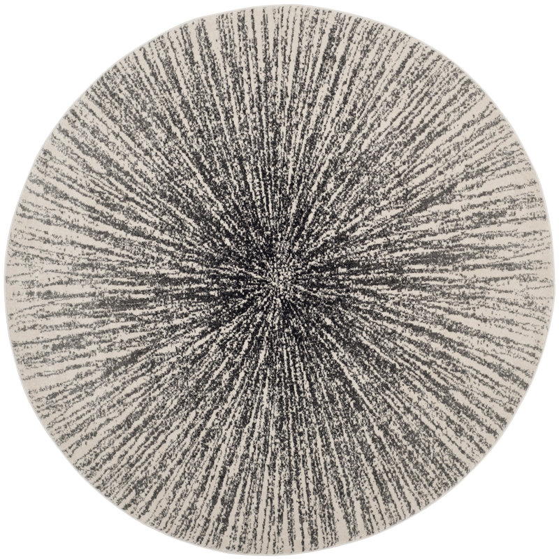 Tapis noir et ivoire à motif abstrait, Rond 4 pi