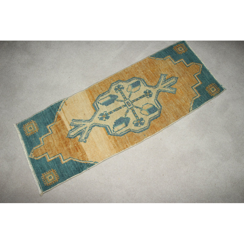 Vintage Turkish Small Antique Wool Rug in Yellow for Eclectic Entryway and Natural Pale Floor Decor