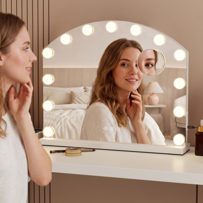 50 x 42cm Arched Hollywood Vanity Mirror with 12 LED Bulbs, Tabletop Cosmetic Dressing Table Mirror with 10X Magnification, USB & Type-C Ports, 3 Light Modes, White