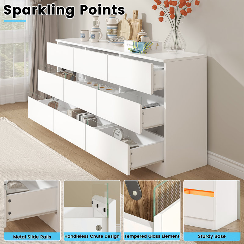White Modern 9-Drawer Dresser with LED Lights