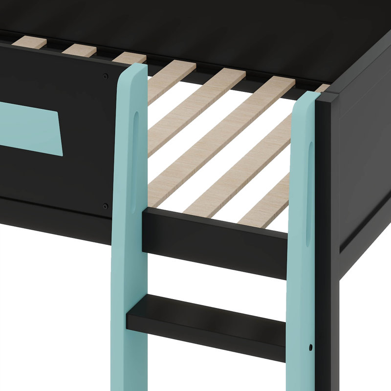 Lit superposé en bois avec bureau, deux tablettes de rangement, USB et lumière DEL, Lit simple, Noir / Bleu