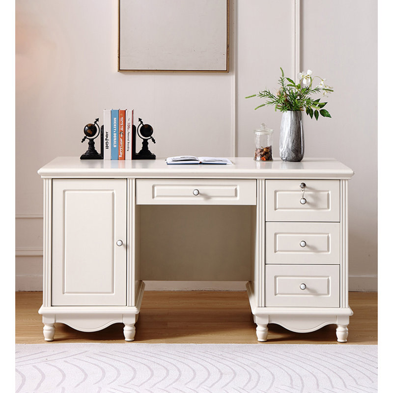 Elegant White Desk with Four Drawers and Built in Cabinet