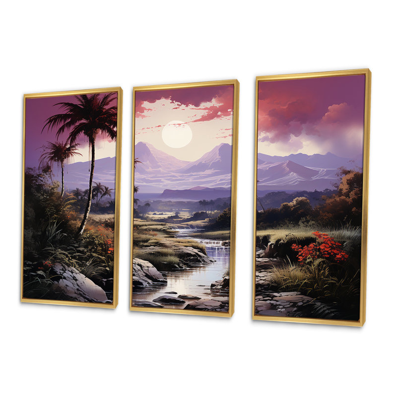 «Abstract Hawaii Palm Tree Sunset III - Palmiers et palmiers», ensemble d'art mural, Cadre flottant doré
