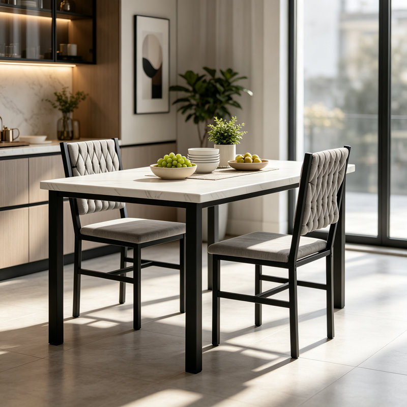 Ensemble de table et chaises de salle à manger 3 pièces, ensemble de table de cuisine en faux marbre avec 2 chaises rembourrées en velours, ensemble de 2 petites tables rectangulaires pour 2 personnes