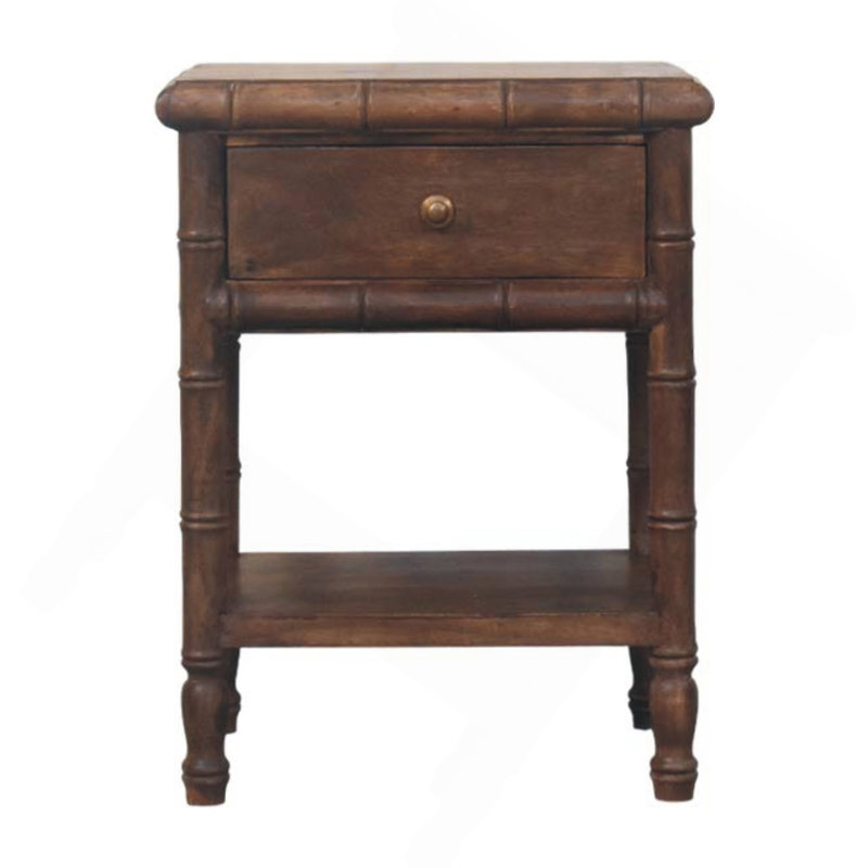 Table de chevet en bois de bambou sculpté, brun, 1 tiroir, 1 tablette