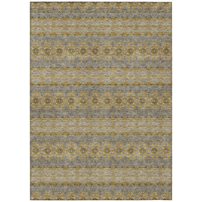 9' X 12' Gold Gray And Silver Floral Medallion Washable Indoor Outdoor Area Rug