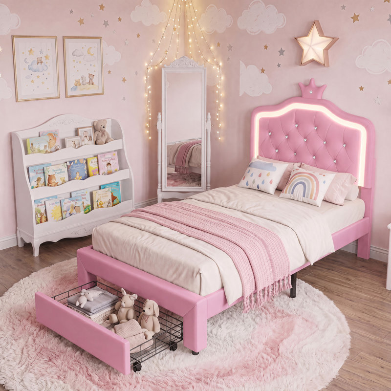 Girls Princess Single Bed Frame with Crown Headboard, LED Lights, Storage Drawer, Pink