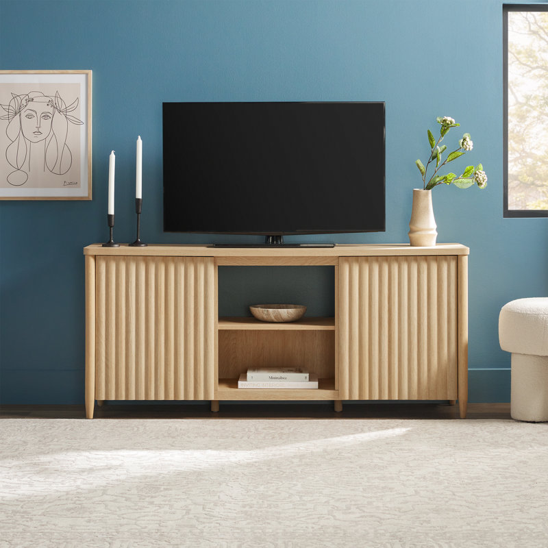Scandinavian Reeded TV Stand with Open Storage, 58.5", Coastal Oak