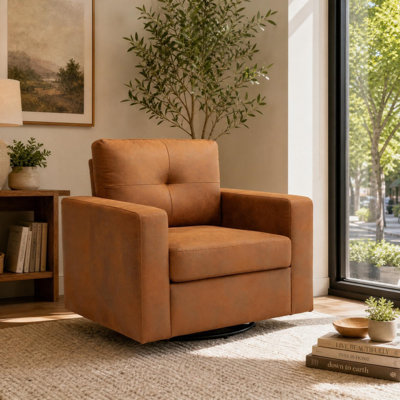 Fauteuil pivotant à 360 degrés, 91,4 cm L x 78,7 cm l x 83,8 cm H, revêtement en tissu, structure en métal et bois, monobloc, fauteuil simple, brun clair, dossier capitonné et accoudoirs carrés