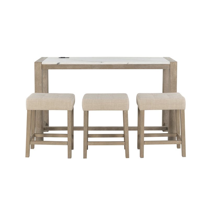 Natural Wood Console Table with Marble Top and Beige Stools