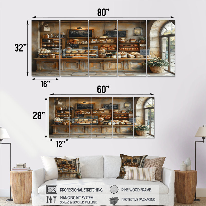 «French Cafe Baguette Paris Shop I», ensemble d'art mural sur toile French Cafe, H 32 po x l 80 po