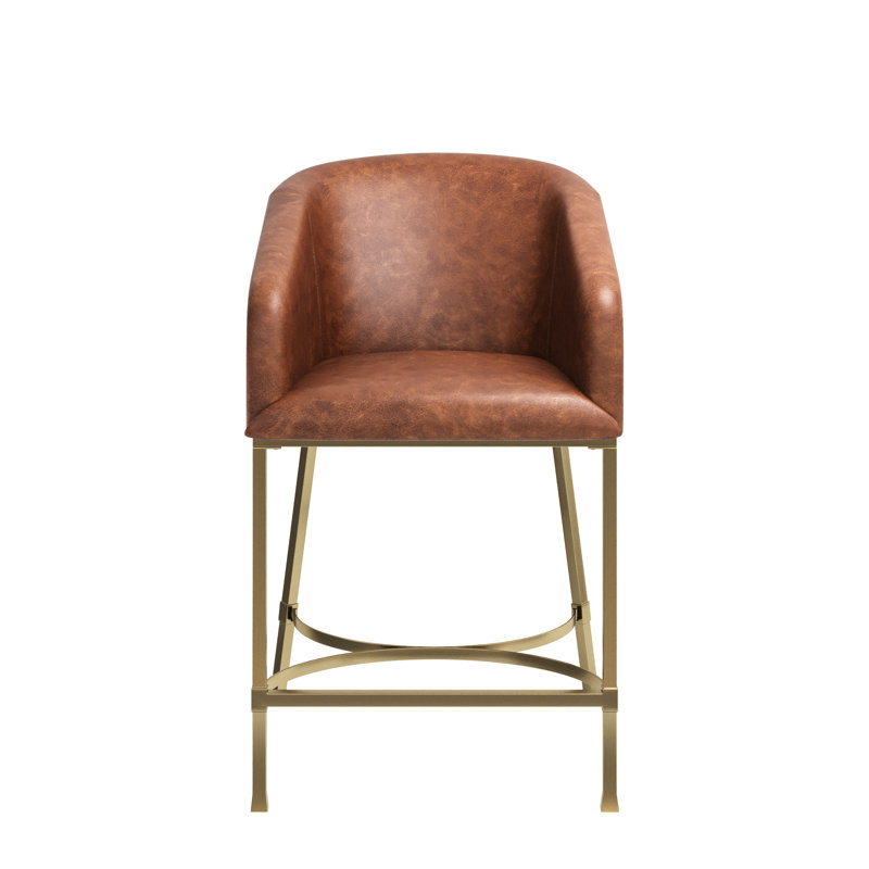 Tabouret de comptoir de 26 po de hauteur, similicuir brun tabac, structure dorée, dossier confortable, glissières de comptoir de bar réglables pour îlot de cuisine, table haute