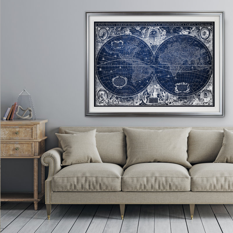 « blue trésor map », impression, Cadre argenté, H 20 po x l 24 po x P 1,5 po