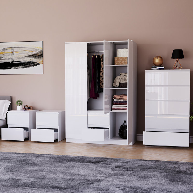 Taniesha 4 Piece Bedroom Set (2 Drawer Bedside Chest X2, 5 Drawer Chest, 3 Door 2 Drawer Wardrobe), (100% FSC), White
