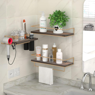 Floating Shelves For Wall Set Of 3, Wall Mounted Storage Shelves With Metal Frame, Toothbrush Holder, Hair Dryer Holder And Towel Rack For Bathroom, K -  Shimano, CfJB09ZRVFMSK