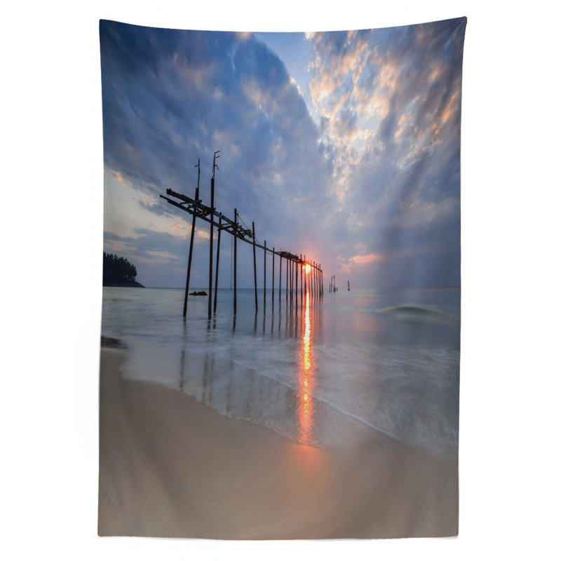 Ambesonne Landscape Tablecloth, Sunbeams And Old Bridge At Pilai Beach Sunset Thailand Tropical Seascape Picture, Rectangular Table Cover For Dining Room Kitchen Decor, 60" X 90", Grey Beige