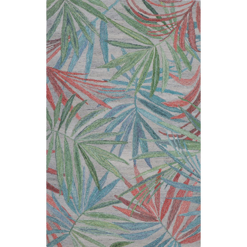 Florals Palm Party Hand Tufted PET Indoor/Outdoor Rug in Gray/Blue/Pink, Rectangle 5' x 8'