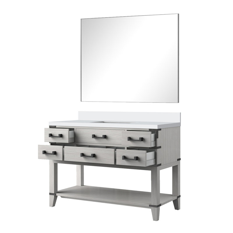 Meuble-lavabo simple en chêne blanc avec comptoir en quartz scellé fini à la main, 46 miroirs et cinq tiroirs à fermeture en douceur pour rangement, miroir, tablette ouverte