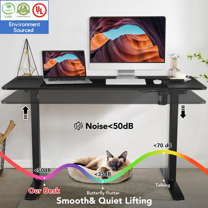 Maudine 63" Electric Height Adjustable Standing Desk With Curved Desktop And 4 Casters, 2 Hooks, Big Mouse Pad, Black