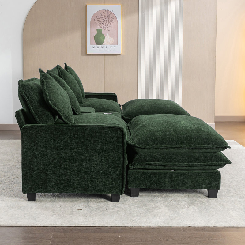 Canapé modulaire en chenille de 111 po avec deux repose-pieds amovibles en chenille, Chenille verte