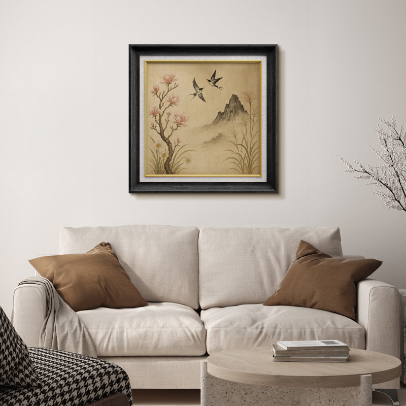 «Magnolia and Swallows with Mountain Reed», reproduction d'art sur papier encadrée, H 26 po x l 26 po x P 1,5 po