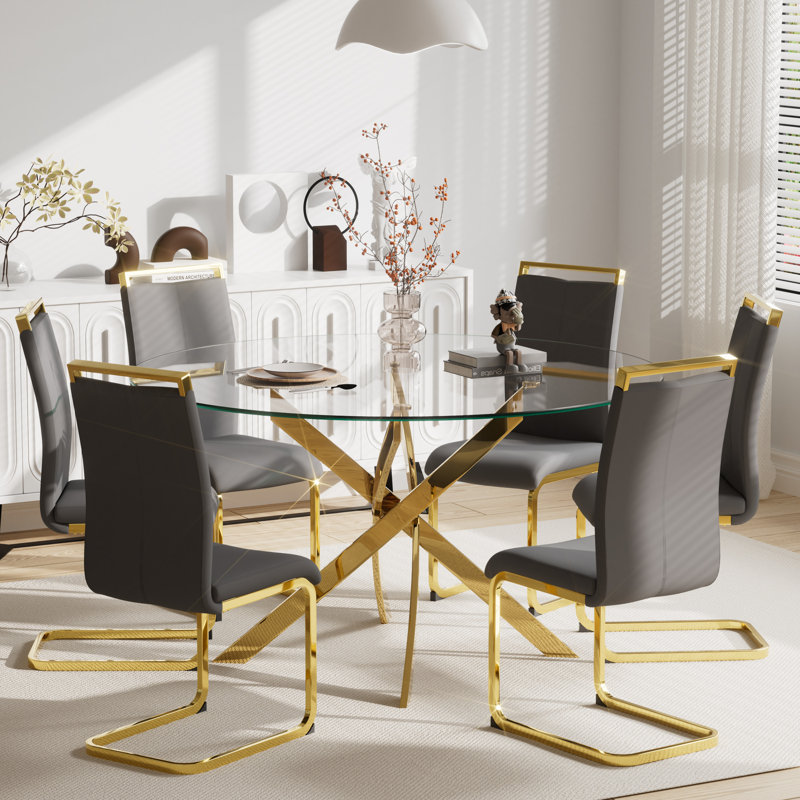 Ensemble de table de salle à manger 7 pièces, table ronde en verre trempé de 47 pouces et 6 chaises de salle à manger rembourrées.