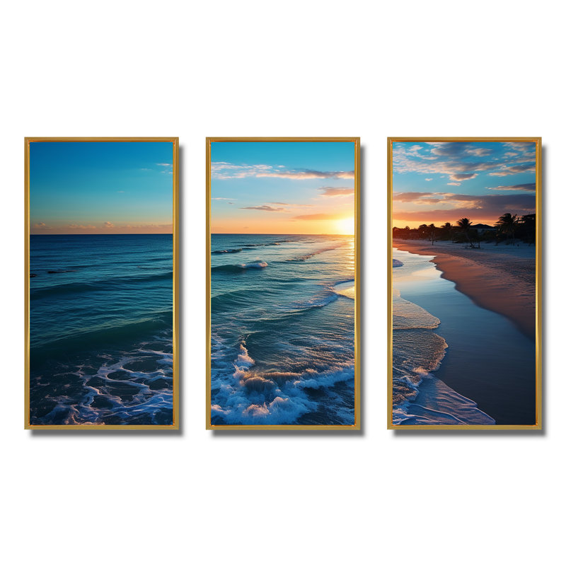 Tranquil Shores Sunset Beach Horizon IV - Art mural plage, Cadre flottant doré, H 28 po x l 36 po x P 1 po