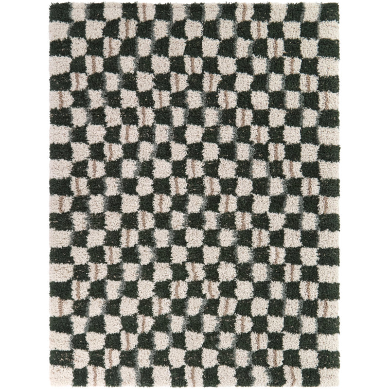 Green Modern Checkered Area Rug, Rectangle 5'3" x 6'11.9"