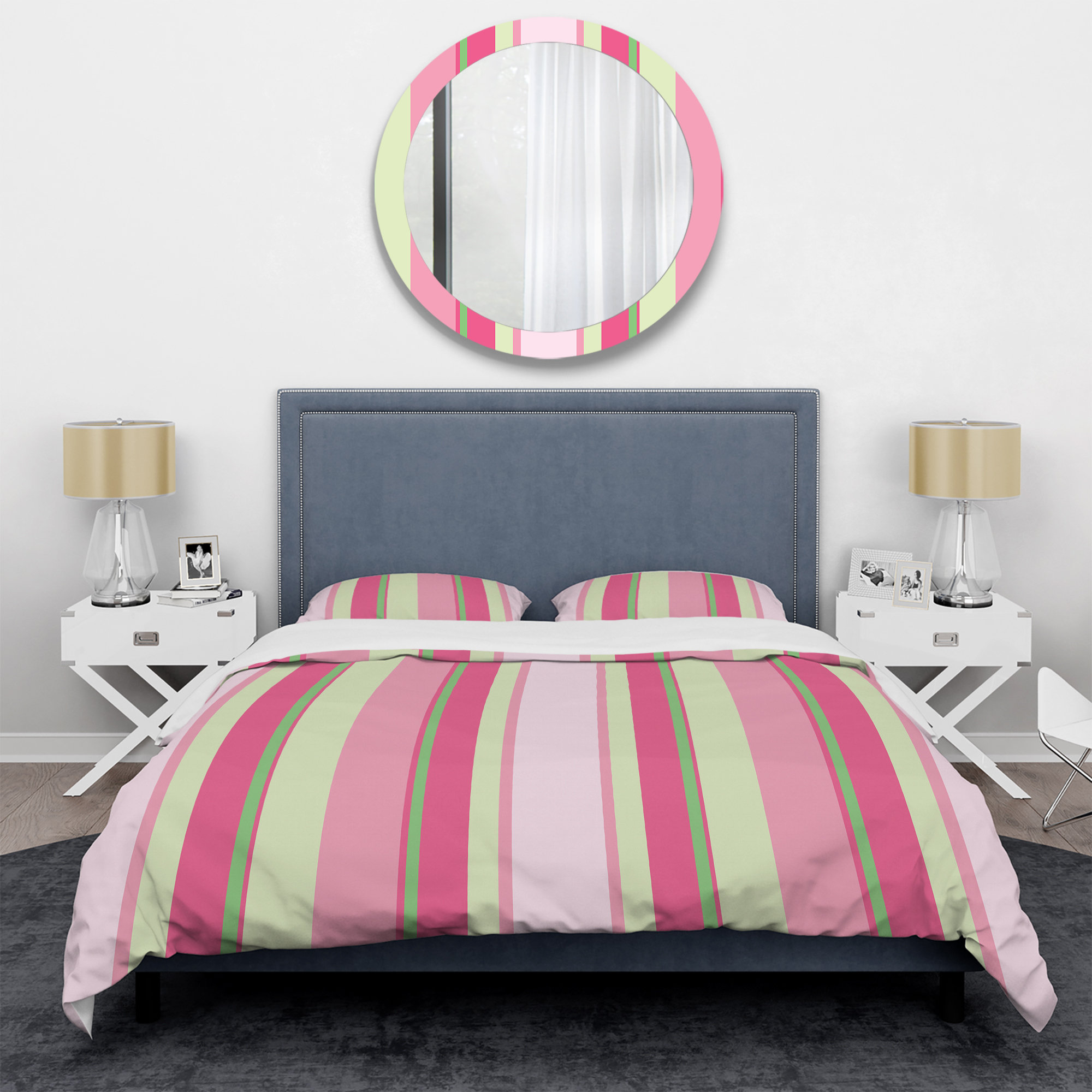 Design Art Pink and Green Striped Pattern Green/Pink Microfiber 3 Piece