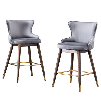 Gray Counter Height Stools Of 2, Upholstered With Quality Fabric And Dense Foam Gray, Smooth Velvet-Like Foam, Build