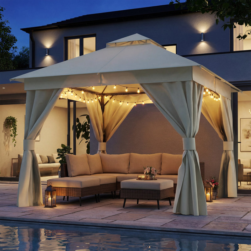 Yardgrace 10'X10' Soft-top Double-Roofed Steel Patio Gazebo, Cream