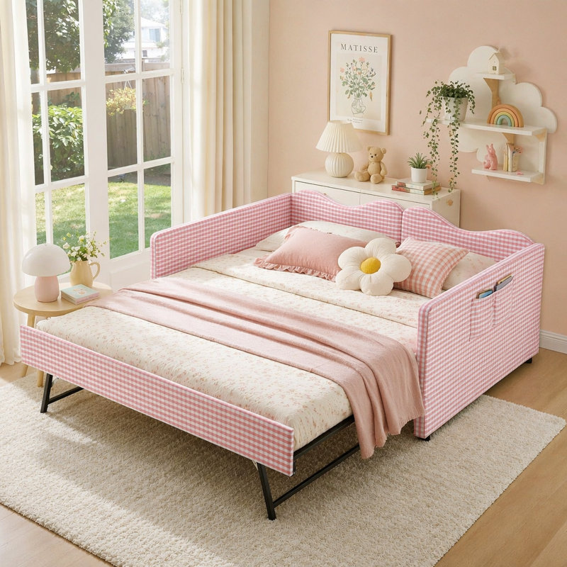 Lit de jour avec lit gigogne escamotable, Double, Rose