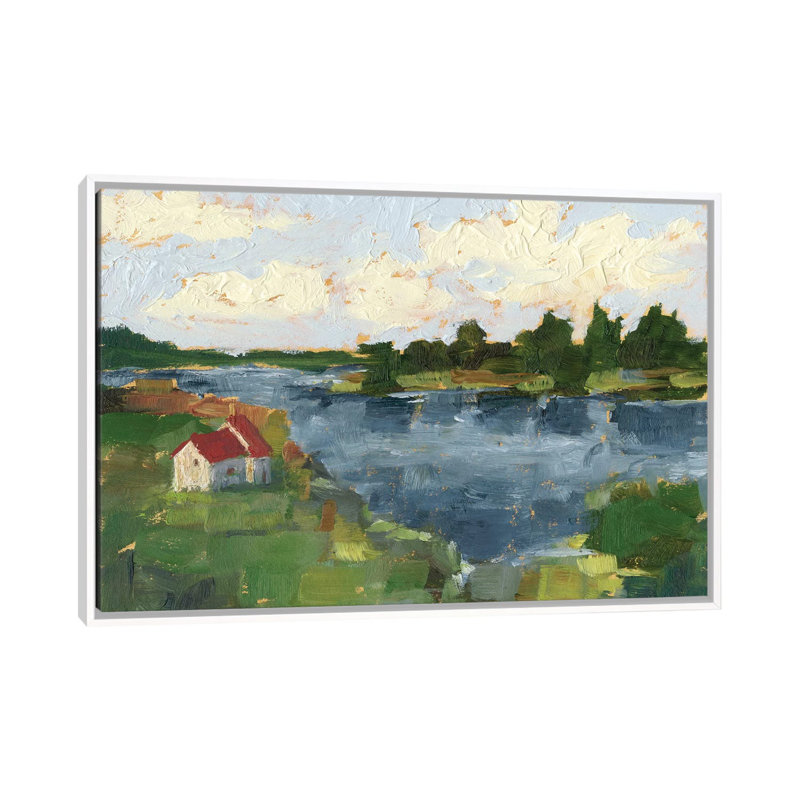 "Lakeside cottages I" par Ethan Harper, reproduction d’art, H 40 po x l 60 po x 1,5 po, Toile blanche encadrée, Pas de tapis