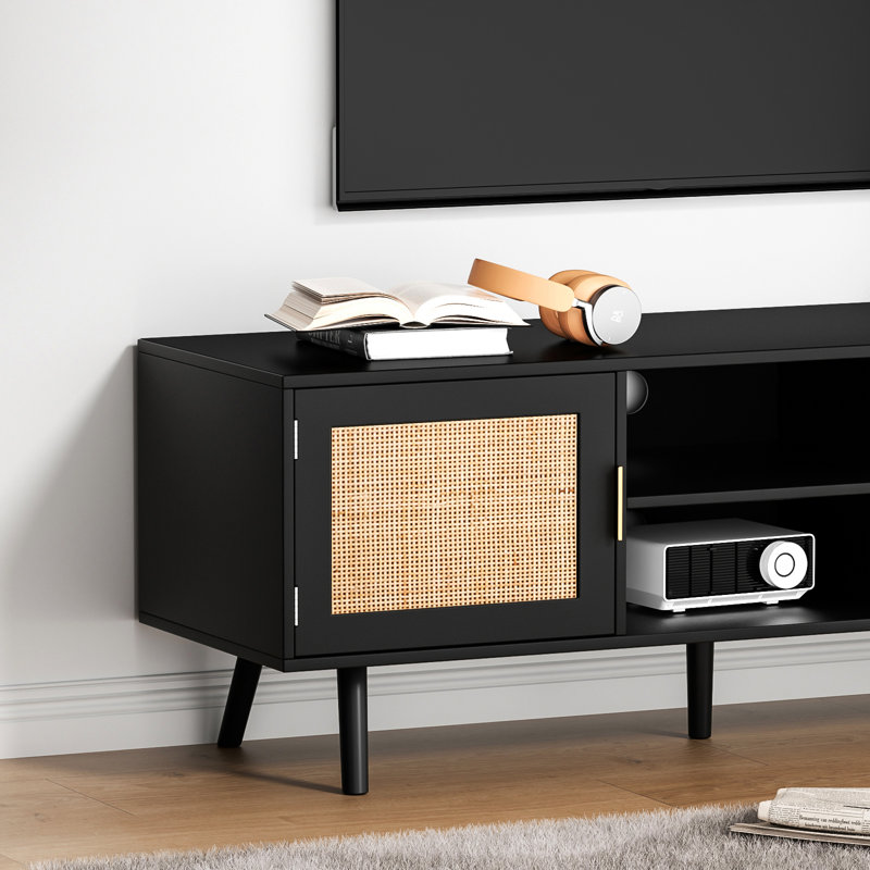 Black TV Stand up to 55" Rattan Storage Media Console for TV