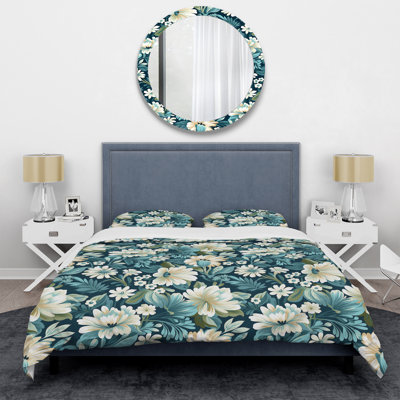 White And Light Green Bohemian Damask Harmony Floral Duvet Cover