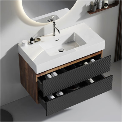 Meuble-lavabo Grace avec lavabo et tiroirs noirs doux, meuble-lavabo mural flottant pour salle de bain moderne, lavabo une pièce
