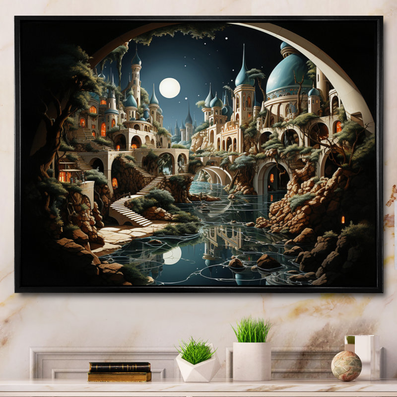 Surréalisme City Infinite Illusions I, Cadre flottant noir, H 12 po x l 20 po x P 1 po