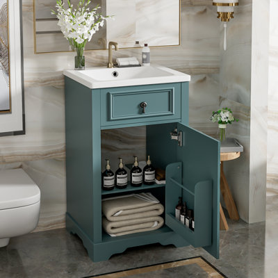 Meuble-lavabo de 20 pouces avec lavabo en céramique, porte à fermeture douce, tablette réglable et support de rangement fixé à la porte - idéal pour les petites salles de bain