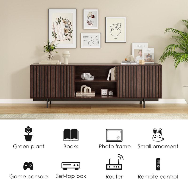 Rectangular TV Stand for TVs up to 75" with Open Shelf, Brown Wood