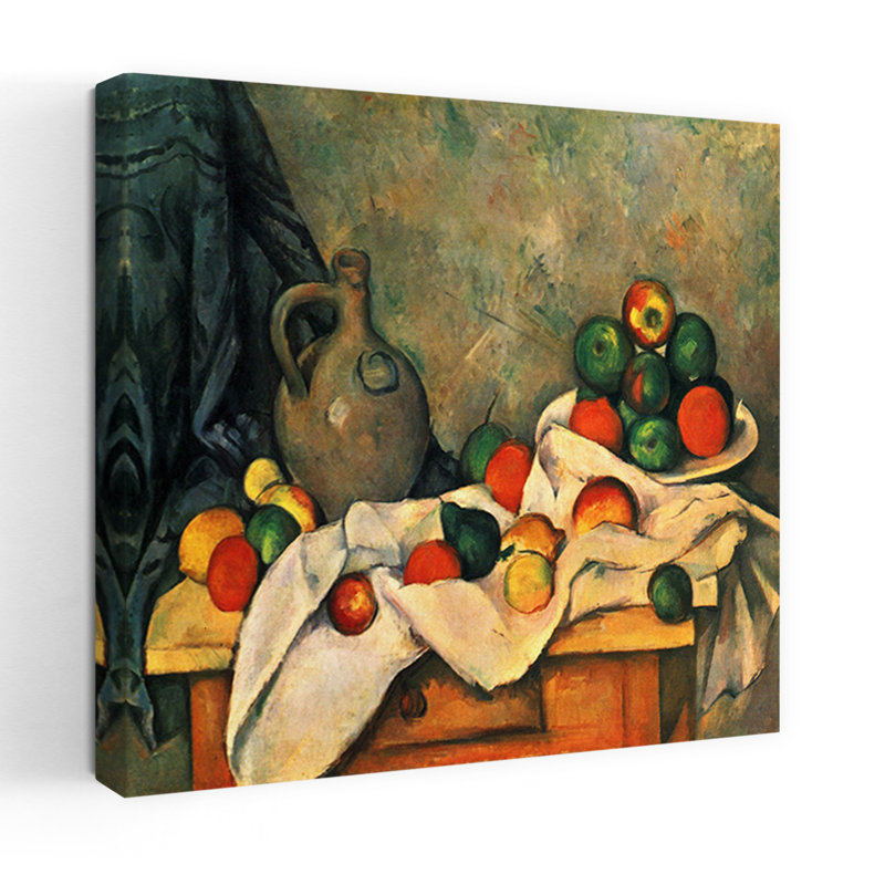 Nature morte, draperie, pichet et bol à fruits, H 48 po x l 48 po