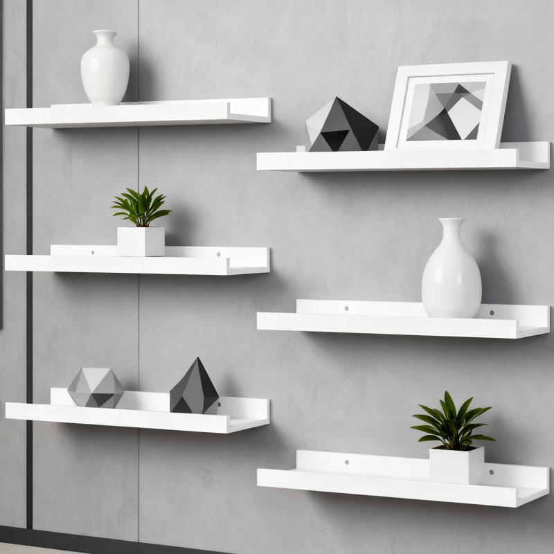 Set Of 6 Floating Shelves With Protective Lip, Modern Wall Display Ledges For Pictures, Books, Plants And Home Decor In Living Room, Bedroom, Nursery And Bathroom