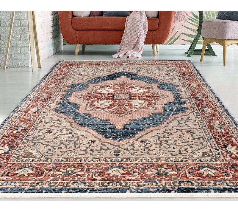 Tapis oriental en polypropylène / jute tissé à la machine Georgete - rouge / bleu / beige, Rectangle 7 pi 10 po x 10 pi 6 po