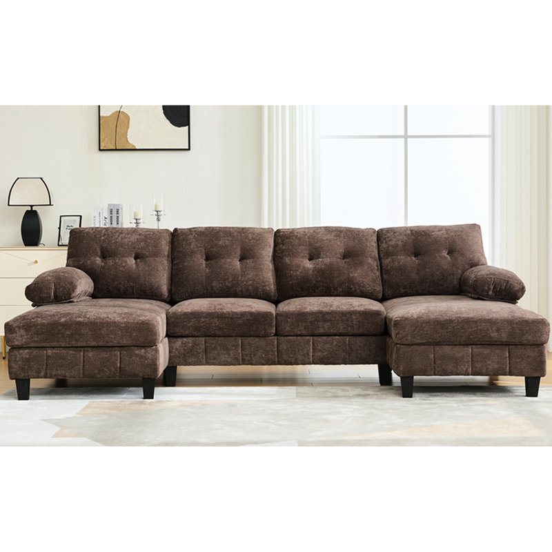 103.5" U-Shaped Chenille Fabric Sectional With Dual Chaise Lounges, Storage Pockets And Soft Armrest Pillows, Suitable For A Stress - Home Brown Couch Two Side Relaxed Gathering