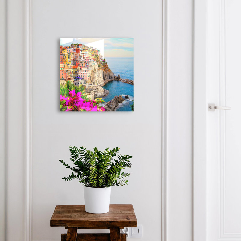 Key cabinet for home, Opens to the left, 30x30x5, Black, Colorful houses on a rock by the sea, 