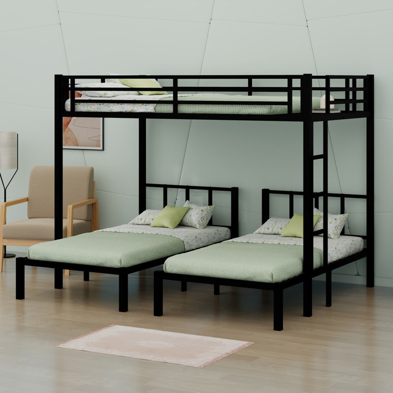 Metal Triple Bunk Bed With Safety Guardrails