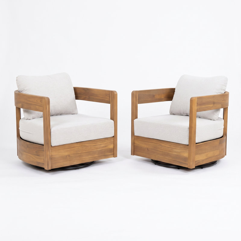 Fauteuil club pivotant avec assise rembourrée Maris, Coussin beige / structure en teck, 2