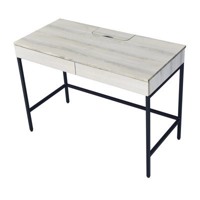 Bureau d'écriture avec plateau en bois au fini naturel avec 2 tiroirs de rangement et accès électrique, pieds carrés en métal noir, cadre rectangulaire de 42 po x 19 po x 30 po de largeur, cadre de 42 po de largeur