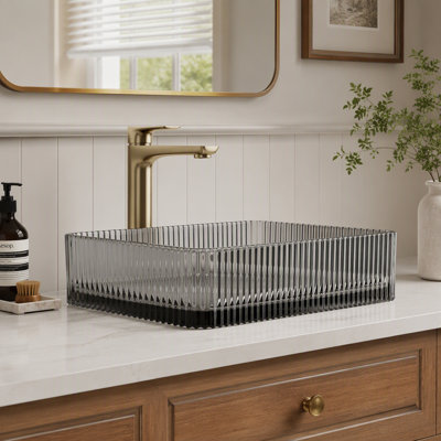 18'' Bathroom Rectangular Crystal Glass Sink without Faucet, Transparent Black Color