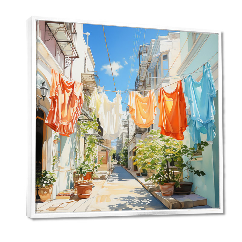 Blanchisserie en Italie V - Art mural, H 16 po x l 16 po x P 1 po, Cadre flottant blanc